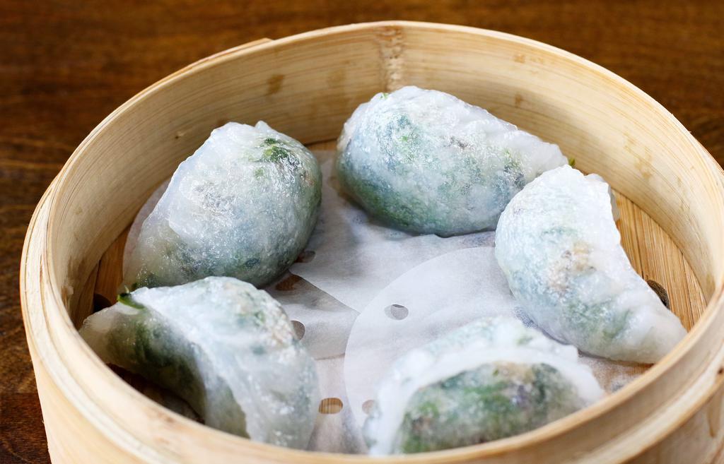 Vegetable Dumplings 4pcs · Hong Kong style steamed dumpling filled with yu-choy, spinach and mushrooms.  4pcs