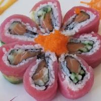 Cherry Blossom Roll · Out: tuna, avocado, & masago. In:  salmon & cucumber.