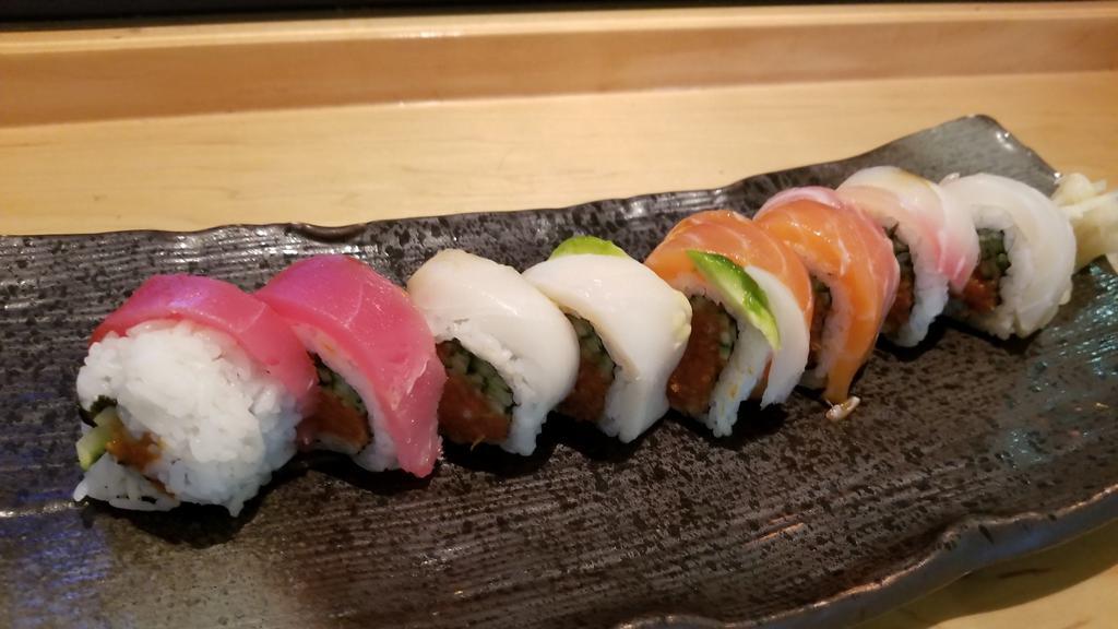 Chef Special Spicy Roll · Out: hamachi, sake, tuna, & avocado. In:  spicy tuna & cucumber.