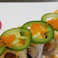 49er Roll · Out: scallop, jalapeno, unagi sauce, spicy mayo, masago, & g.o. in:  shrimp tempura, spicy t...