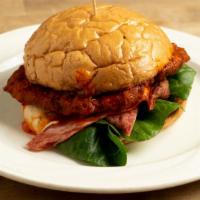 Buffalo Fried Chicken 🌶 · Served on soft garlic bread kaiser roll w/ lettuce, bacon, fried chicken in buffalo sauce & ...