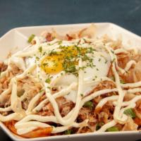 P.B.E · Stirred pork belly, bean sprout and onions w/ house sauce & Mayo, egg& bonito flake on top