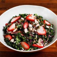 Kale Salad · Crispy quinoa, cabbage, almonds, strawberry, cumin vinaigrette (V)