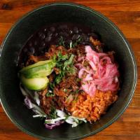 Bowl de Chingaderas · Midnight beans, rice-o-licious, avocado, cabbage, pickled onions, cilantro + your choice of ...