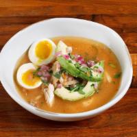 Chicken and Egg Soup · shredded chicken, soft-cooked egg, morita chile, avocado, pickled onion