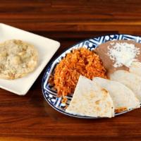 Kids' Quesadilla Meal · Plain cheese quesadilla. Comes with a side of beans and rice and a caramel crunch cookie.