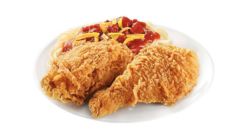 2 Pc Chickenjoy W/ Jolly Spaghetti & Drink · A Chickenjoy drumstick and thigh served with Jolly Spaghetti