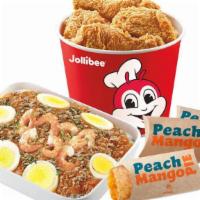 Chickenjoy Bucket Treat C · 6 Pc Chickenjoy Bucket, Palabok Fiesta Family Pack and 3 Pies Note: Palabok sauce contains s...