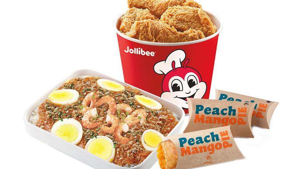 Chickenjoy Bucket Treat C · 6 Pc Chickenjoy Bucket, Palabok Fiesta Family Pack and 3 Pies Note: Palabok sauce contains shrimp and pork that cannot be removed