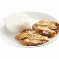 2 Pc Burger Steak W/ 1 Side & Drink · 2 Savory sweet beef burger patties smothered with mushroom gravy, best paired with rice