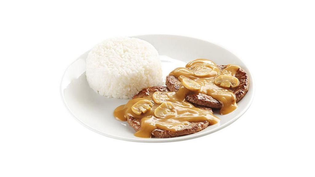 2 Pc Burger Steak W/ 1 Side & Drink · 2 Savory sweet beef burger patties smothered with mushroom gravy, best paired with rice