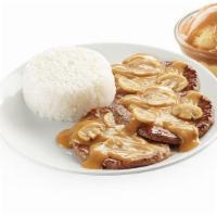 3 Pc Burger Steak W/ 2 Sides & Drink · 3 Savory sweet beef burger patties smothered with mushroom gravy, best paired with rice