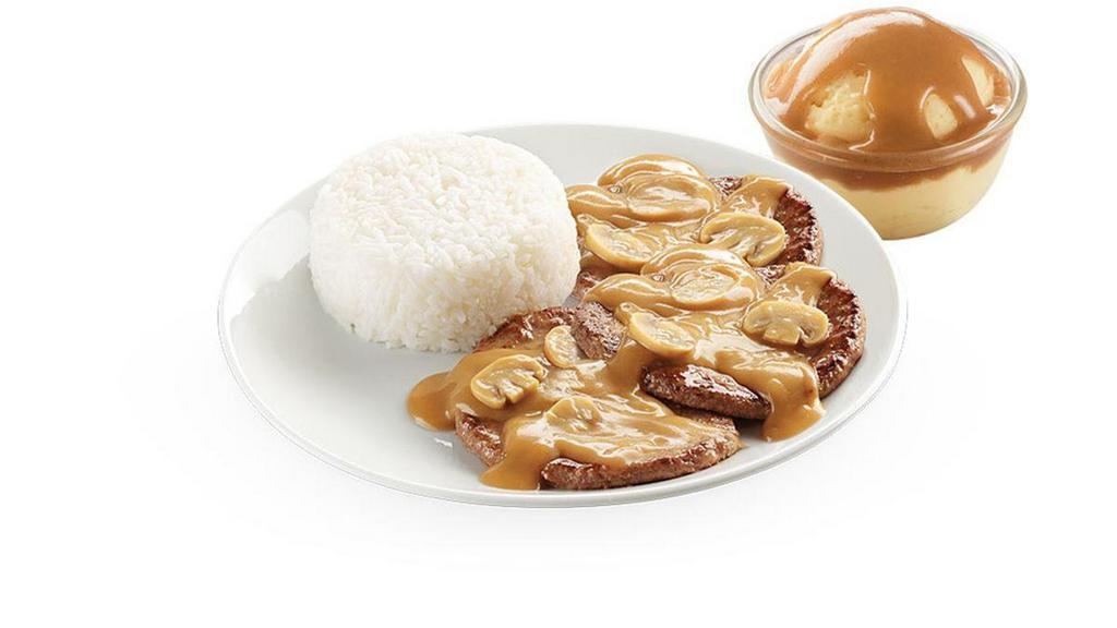 3 Pc Burger Steak W/ 2 Sides & Drink · 3 Savory sweet beef burger patties smothered with mushroom gravy, best paired with rice