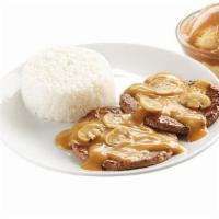 2 Pc Burger Steak W/ 2 Sides · 2 Savory sweet beef burger patties smothered with mushroom gravy, best paired with rice