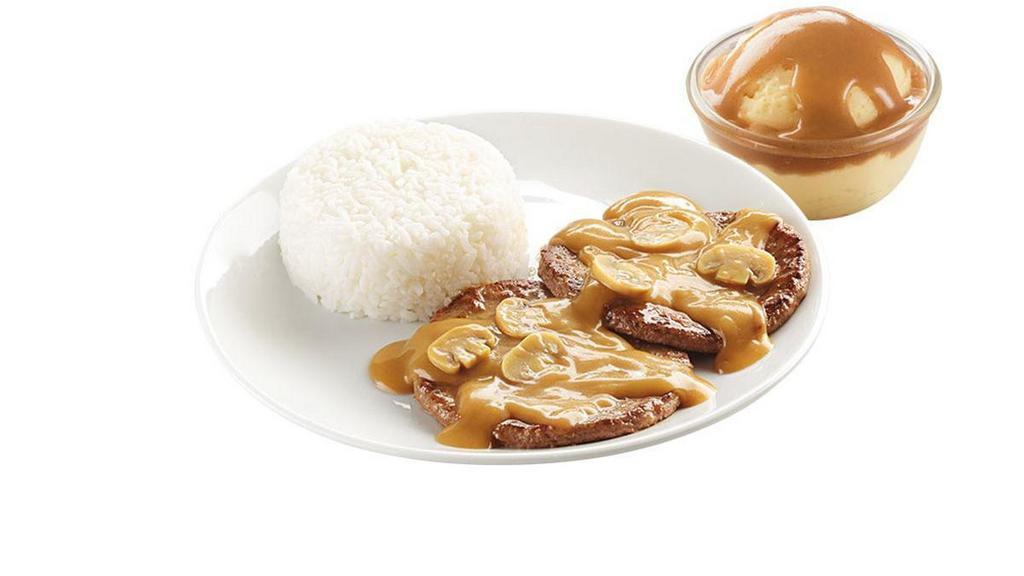 2 Pc Burger Steak W/ 2 Sides & Drink · 2 Savory sweet beef burger patties smothered with mushroom gravy, best paired with rice