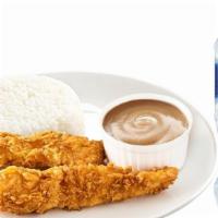 Kids Meal: 2 Pc Chicken Tenders With Rice And Drink · A kids meal with 2 chicken tenders, a side of rice, a drink and a toy when offered