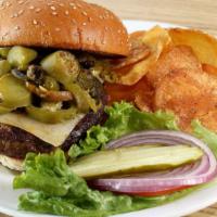 Four Alarm Burger · Beef Patty Served with Jalapeño, Pepper Jack Cheese, Yellow Peppers, and Chipotle Aioli on a...