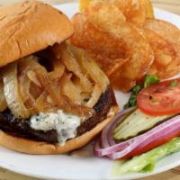Blue Burger · Blue Cheese Stuffed Patty. Served with Caramelized Onion, and Mak Sauce on a Brioche Bun wit...