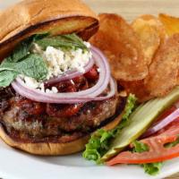 Lamb Burger · Herbed Lamb Patty Served with Whipped Feta, Caramelized Tomatoes and Pimento Aioli on Ciabat...