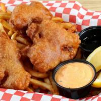 Fish & Chips · Beer Battered Pacific Cod Served with French Fries, Vinegar, House Tartar and a Lemon Wedge