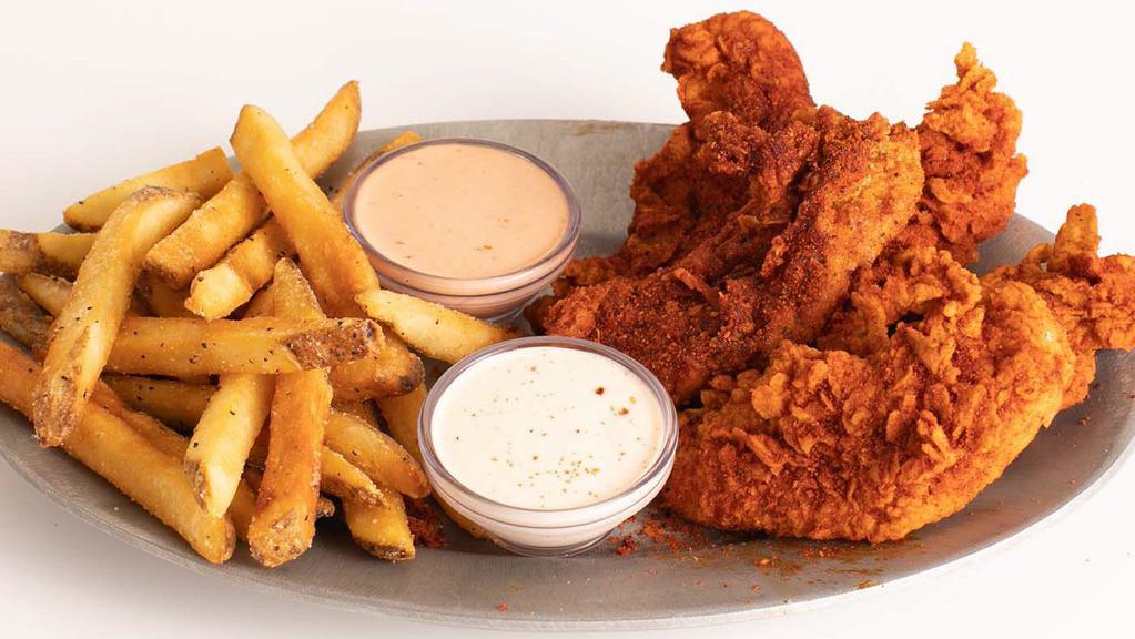 Tenders Meal · 5 hand-breaded crispy chicken tenders. Choose Regular or Nashville Hot AF and your choice of sauce. Served with a side of seasoned fries.