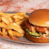 Nashville Hot Af Tender Sandwich · 3 hand-breaded crispy chicken tenders served on buttery brioche bun with housemade pickles a...