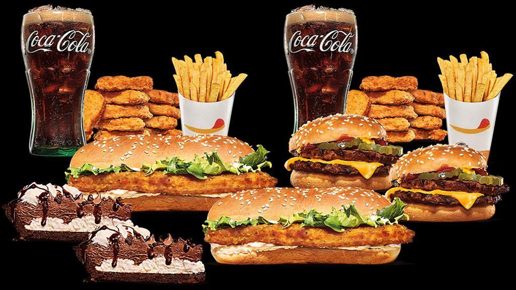 Family Bundle Crown · Includes (2) OCS, (2) Double Cheeseburgers, (1) 16pc Chicken Nuggets, (2) Medium Fries, (2) Medium Drinks, (2) Hershey's® Sundae Pies. No substitutions and not valid on specialty versions.