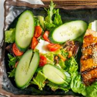 Field Greens with Teriyaki Salmon 照燒鮭魚沙拉 · Wild field greens, cherry tomatoes, cucumbers, tossed in soy.citrus vinaigrette, and topped ...