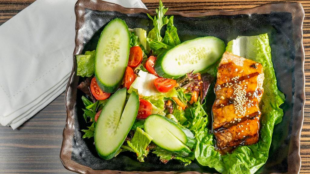 Field Greens with Teriyaki Salmon 照燒鮭魚沙拉 · Wild field greens, cherry tomatoes, cucumbers, tossed in soy.citrus vinaigrette, and topped with grilled teriyaki salmon.
