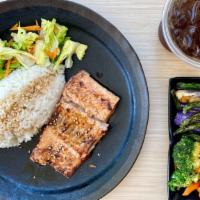 Salmon Teriyaki Rice 照燒鮭魚飯 · Grilled salmon fillet topped with house special teriyaki sauce over the rice and served with...