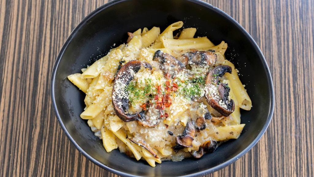 Pasta Portobello 野菌培根義大利麵 · Pan roasted wild mushrooms and bacon, Italian sausage tossed with garlic sauce over pasta.