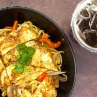 Asian Chicken Stir-Fry 菁菁特製和風炒麵 · Seasonal vegetable with special sauce stir fried with pasta and topped with grilled chicken.