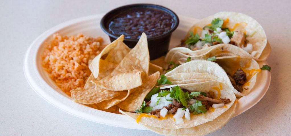Mexico City Tacos · 1040-1060 calories. Three tacos, chicken, carne asada or carnitas in any combination. Includes rice, beans and chips.