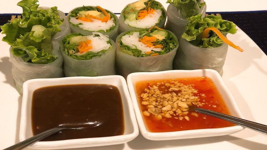 Amarin Fresh Veggie Rolls · Fresh lettuce, avocado, mint, cilantro, cucumber, carrot, and garlic noodles wrapped in rice paper. Served with homemade sauce.