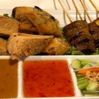 Amarin Sampling Platter · Two pieces of each selected appetizer including tofu fried, beef satay, chicken satay, and s...