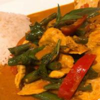 Spicy Green Bean Sauteed · Medium sweet red curry, green beans, kaffir lime leaves, Thai basil.
