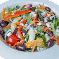 Greek Salad · Spring mixed black olives, cherry, tomatoes, feta cheese, red onions, cucumber, lemon vinegar.