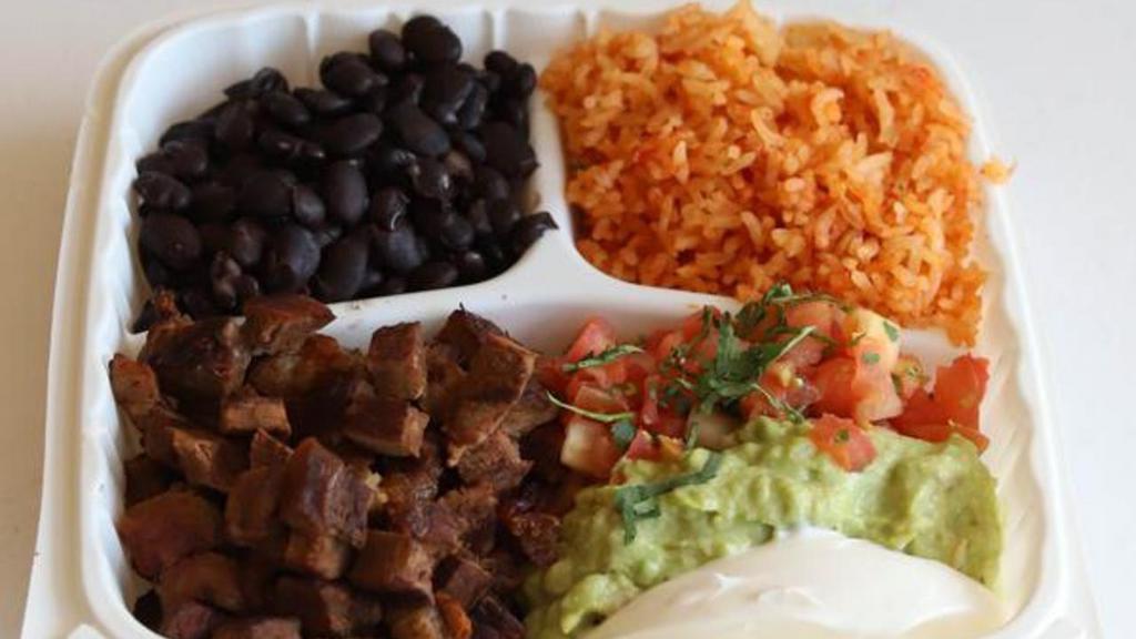 Steak (P) · plate of steak, beans, rice, and pico de gallo includes choice of two flour (10 inch) or four corn (4 inch) tortillas