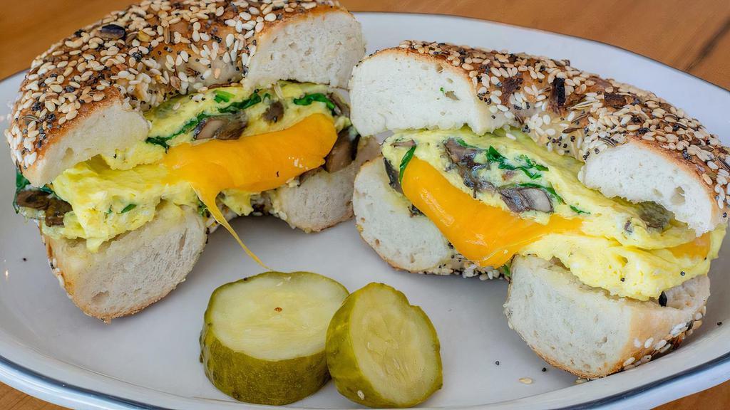 Mushroom Breakfast Sandwich * · eggs, cheddar cheese, spinach & sauteed mushrooms