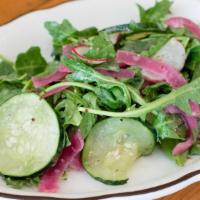House Salad * · greens, salted cucumber, radish, pickled onion & mustard vinaigrette