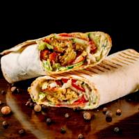 Chicken & Gyro (Shawarma) Wrap · Marinated chicken and beef, hummus, lettuce, red cabbage, red onion, tahini, tzatziki, and h...