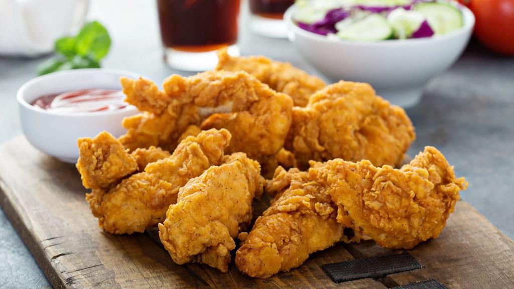 Chicken Tenders · Five PCs crispy golden white meat chicken tenders with choice of dipping sauce.
