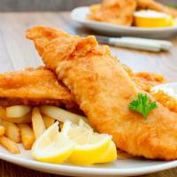 Fish & Chips · Crispy golden fresh caught fish served with french fries.