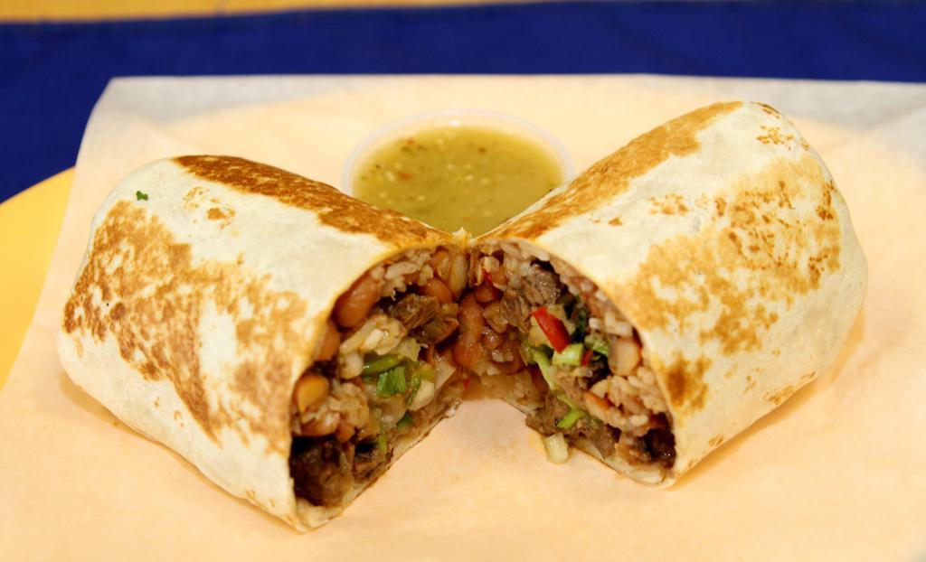 Burritos · Your choice of meat in flour tortilla with beans, rice, cilantro, onion, salsa fresca.