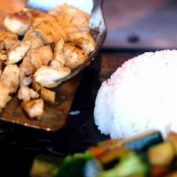 Chicken Hibachi · All-white meat chicken breast mixed with salt, pepper, and soy sauce. . Served with white ri...