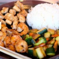 Shrimp & Chicken · All-white meat chicken breast and delectable shrimp. Served with white rice, seasonal vegeta...