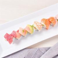 2. Rainbow Roll · IN : crab, avocado  /  OUT : tuna, salmon, hamachi, albacore, cooked shrimp