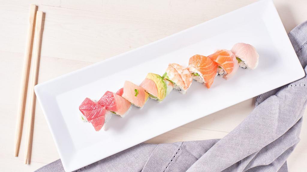 2. Rainbow Roll · IN : crab, avocado  /  OUT : tuna, salmon, hamachi, albacore, cooked shrimp