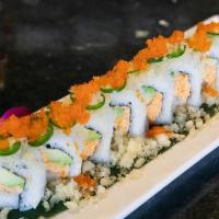 Spicy California Roll · IN : Avocado, Spicy Crabmeat
OUT : Jalapeno, Tobiko, Sriracha
