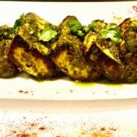 Pesto Paneer · Cottage cheese marinate with pesto fresh spices cooked in clay oven.